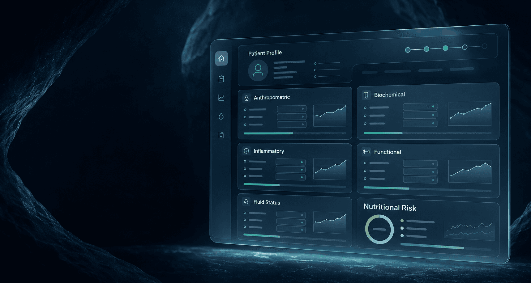 Nutra-IQ clinical portal showing multi-domain nutritional assessment panels